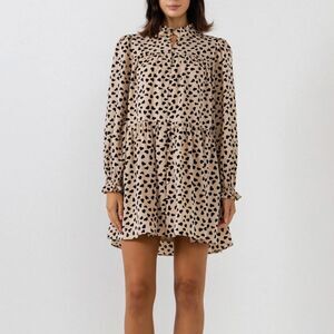 English Factory Dotted Tan and Black Long Sleeve Dress